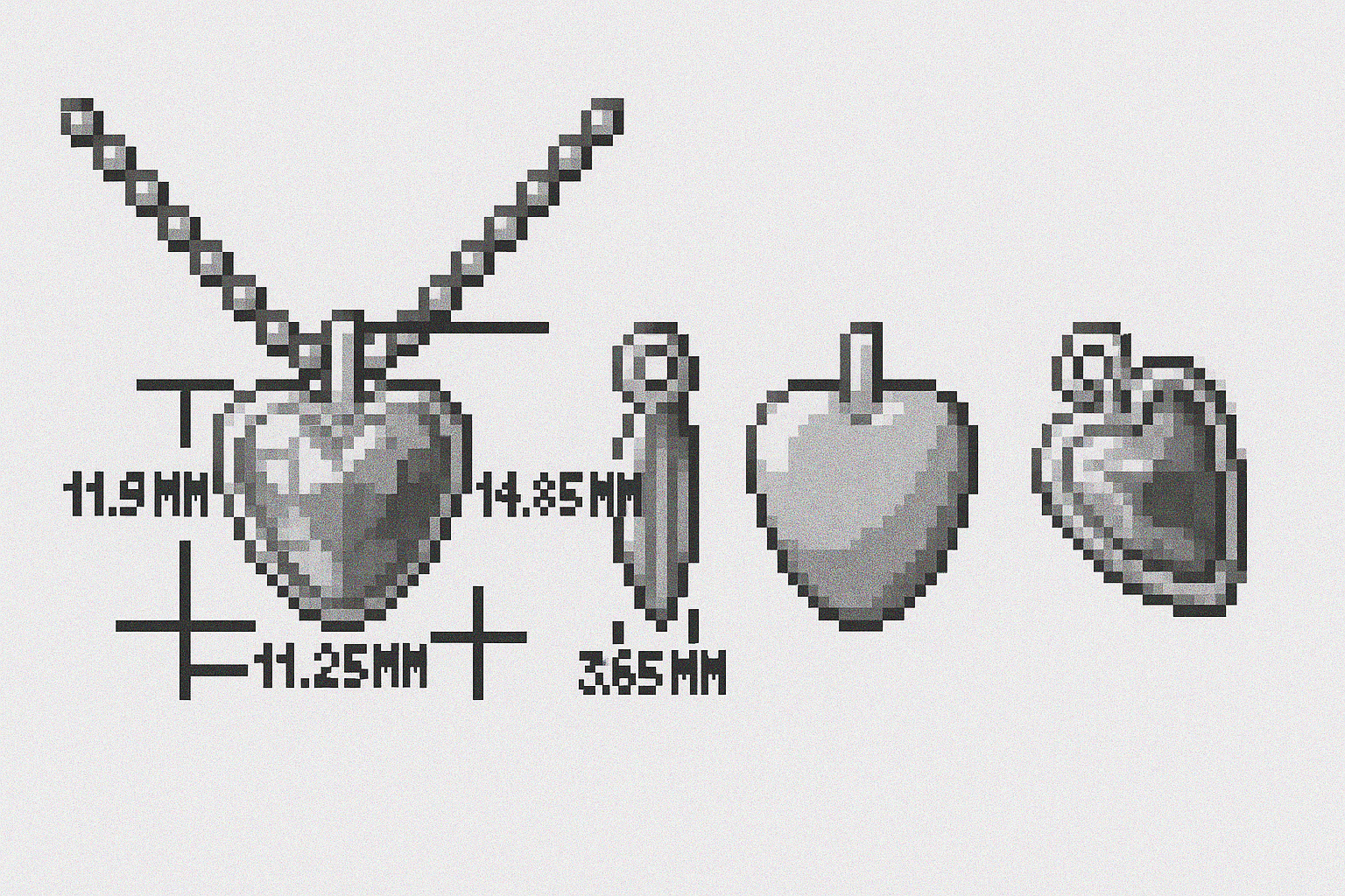 Pixel art render of a silver heart necklace charm with dimensional specs: front, side, and angled views. The charm is puffed, faceted, and hangs from a bead ball chain, evoking a retro game item screen.
